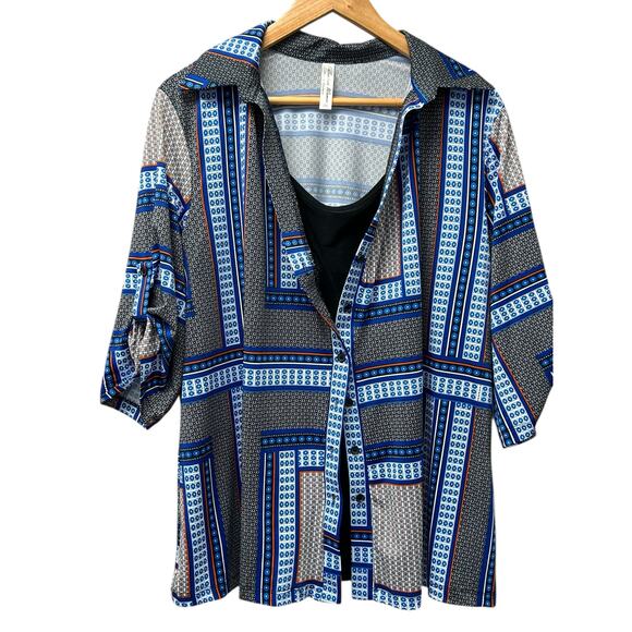 Per Seption Multicolor 3/4 Sleeve Blouse 3X Built-In‎ Shell Layered Look Plus - Picture 1 of 13